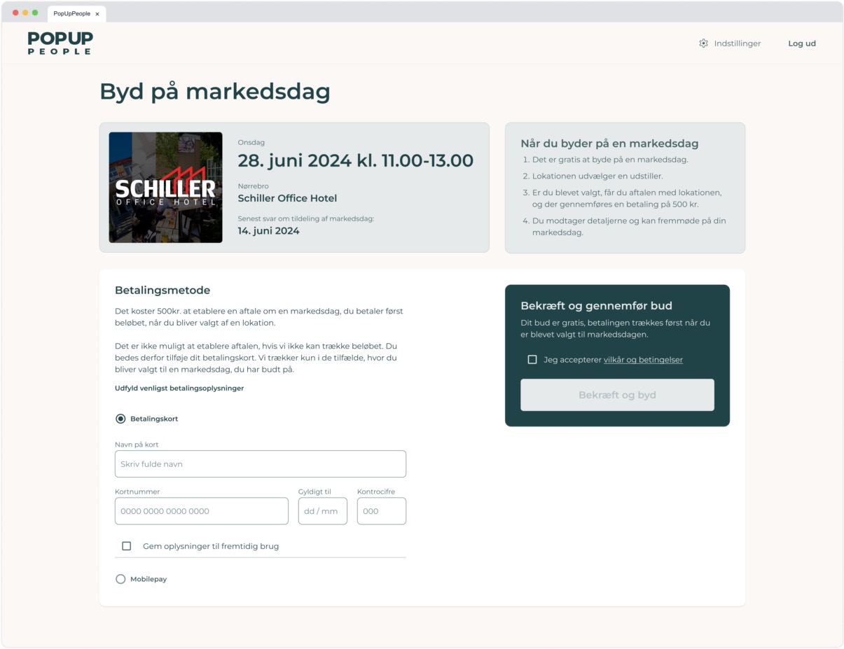 Bidding page presenting market-day details and payment method form with credit-card fields, plus terms acceptance and a "BekrƦft og byd" call-to-action.